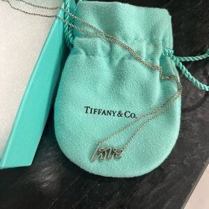 Tiffany & Co. Silver 'Love' Script Necklace with Signature Blue Pouch